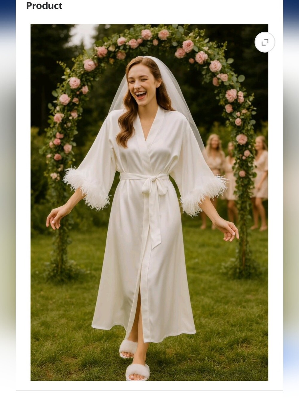 Silky White Feather-Trim Long Robe - Picture 3 of 6